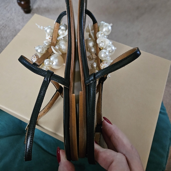 Alameda Turquesa Embellished Pearls Shells Leather Sandal Black Size 41 - Picture 6 of 11